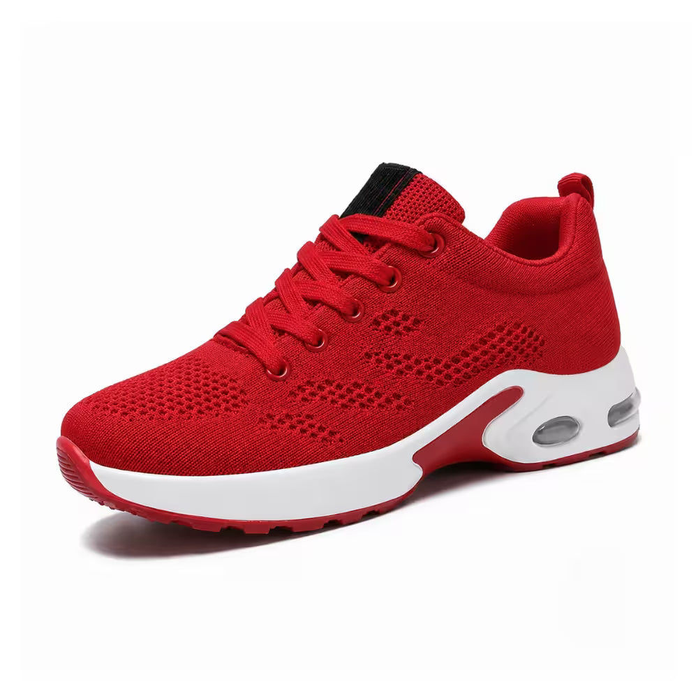 Red knit lace-up sneakers with cushioned sole and air-cushion pod detail