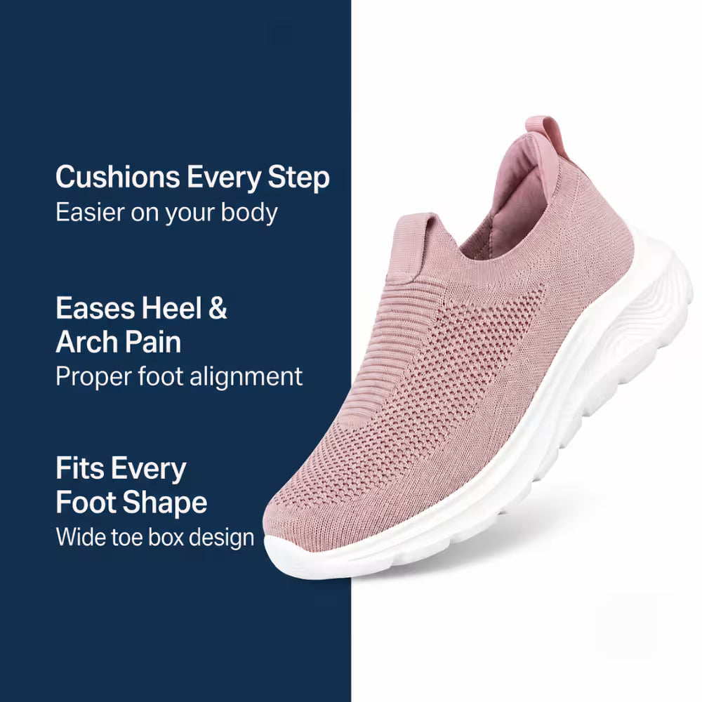 Cloud-Step Slip-In pink knit slip-on sneaker shown from the side