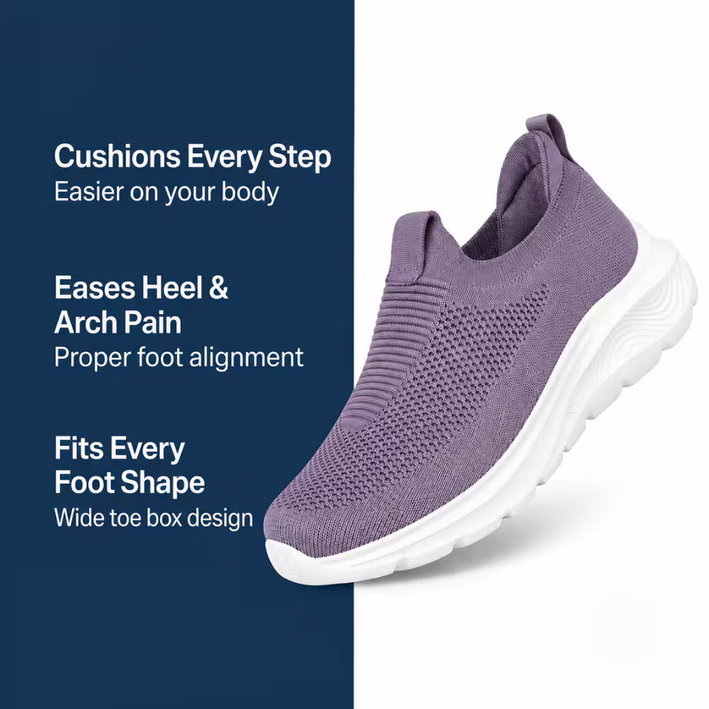 Cloud-Step Slip-In purple knit slip-on sneaker shown from the side