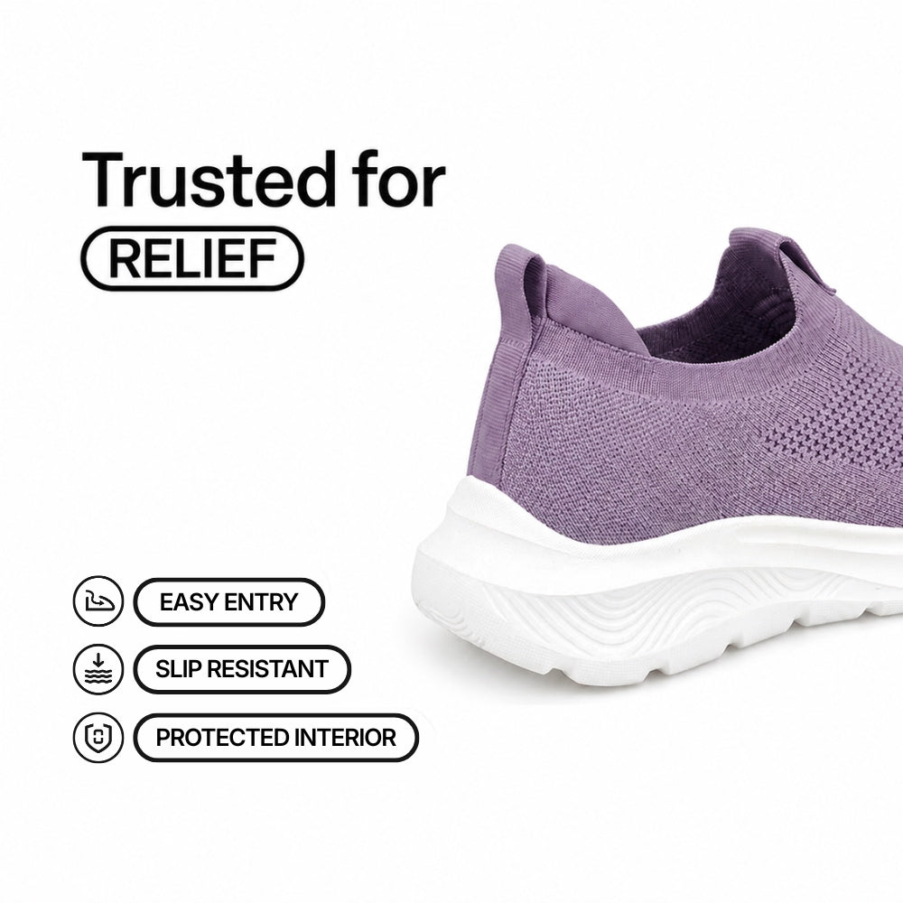 Cloud-Step slip-in shoe, purple knit upper with cushioned thick sole