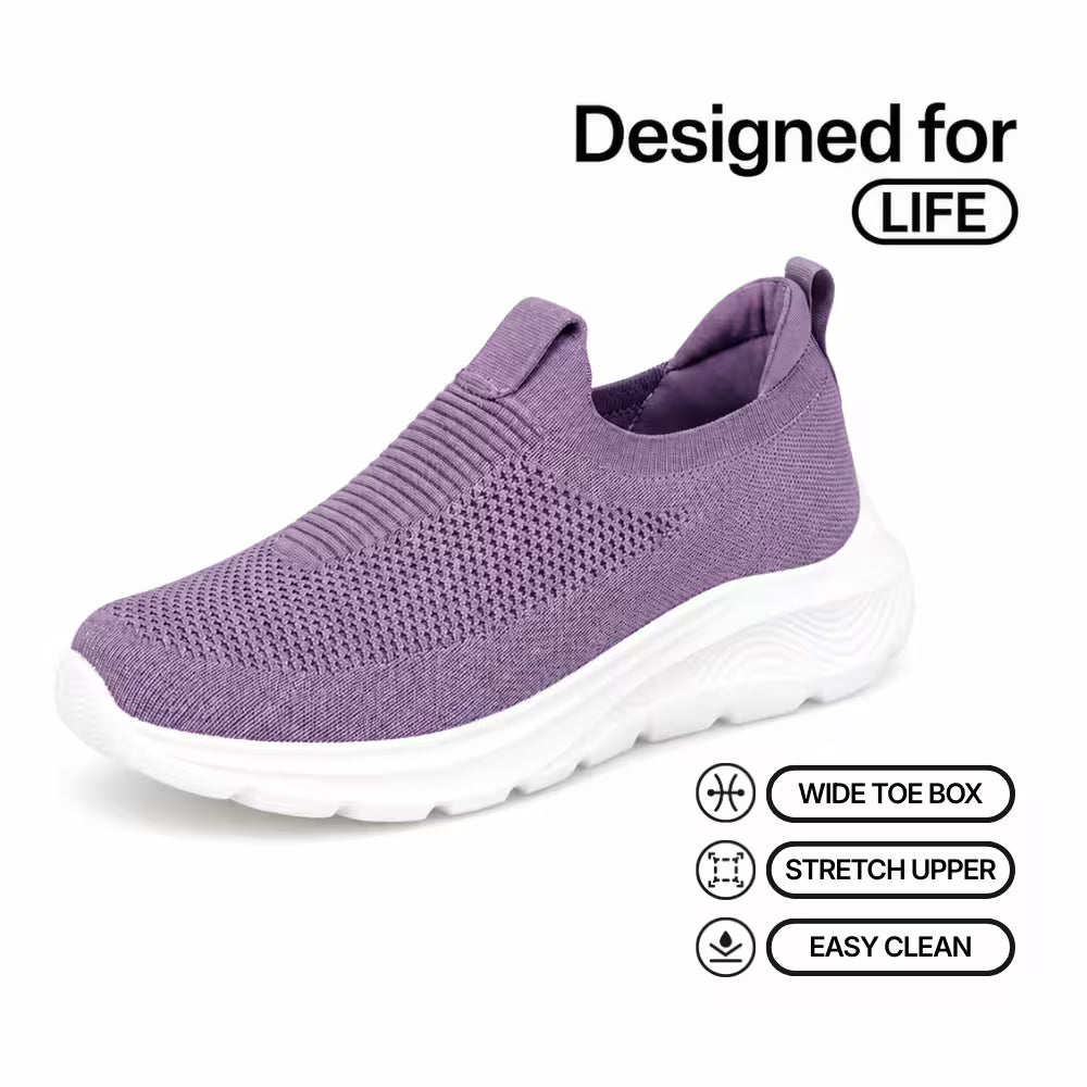 Purple knit slip-in sneakers with cushioned white sole