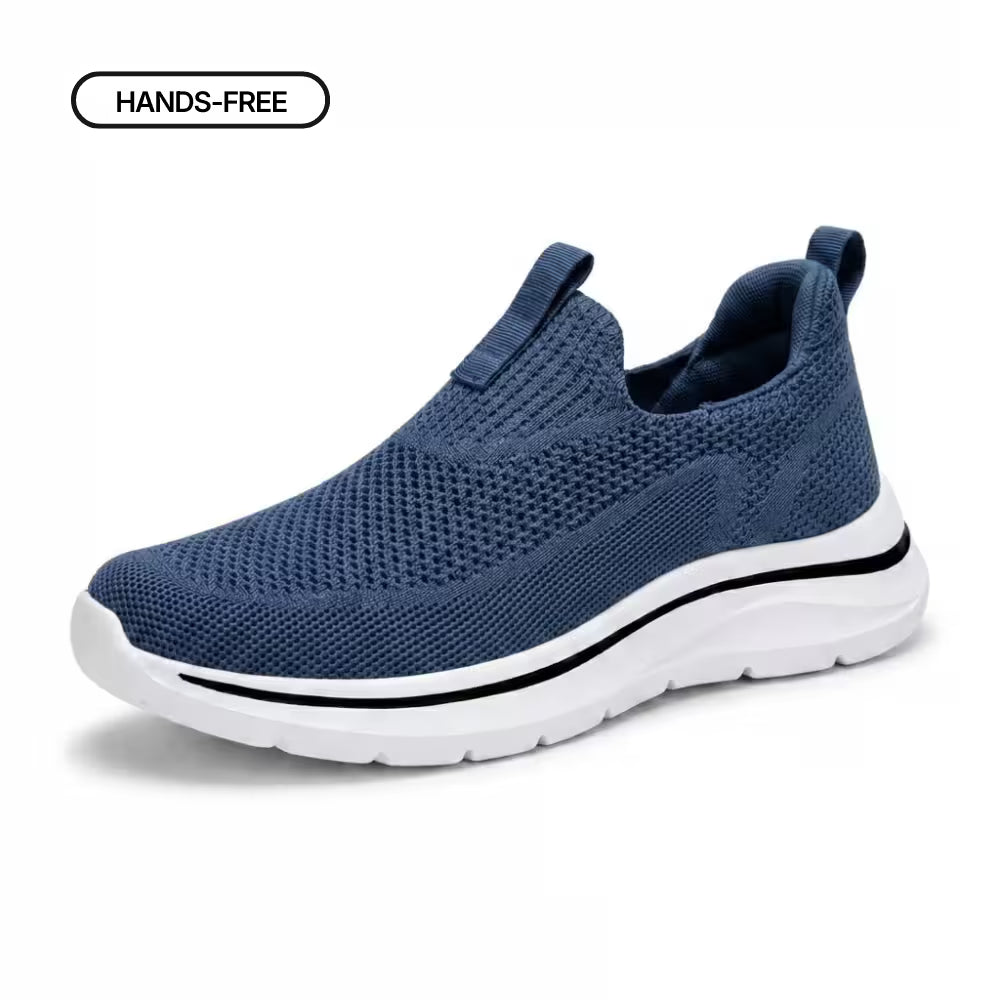 Blue knit slip-on sneaker with padded collar and flexible sole