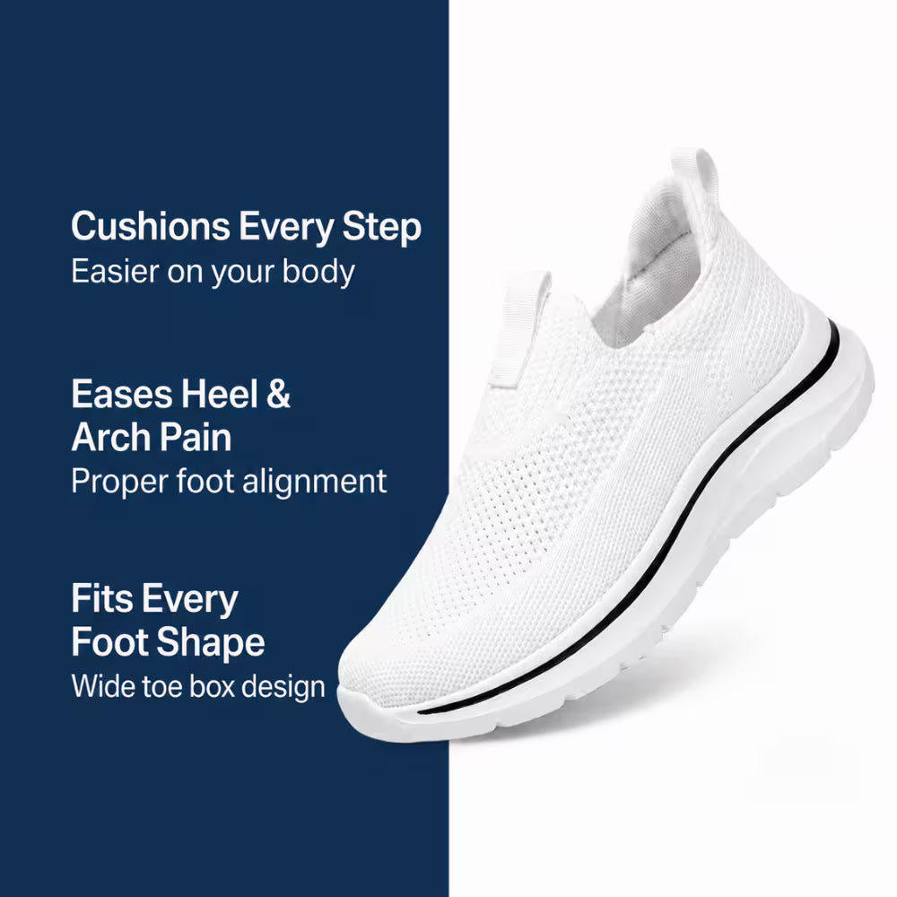 Cloud-Step comfy knit slip-on shoe, white mesh upper with cushioned sole