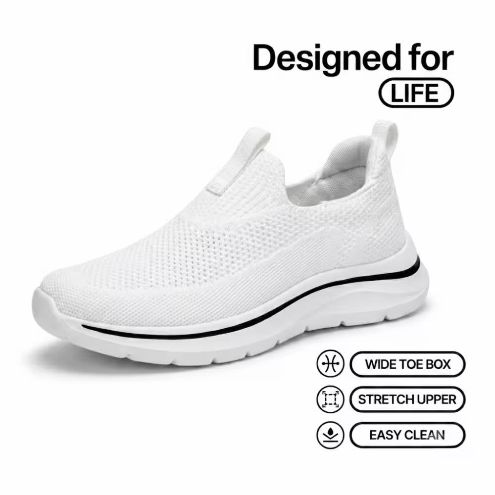 Cloud-Step knit slip-on sneaker, white wide toe box with stretch upper