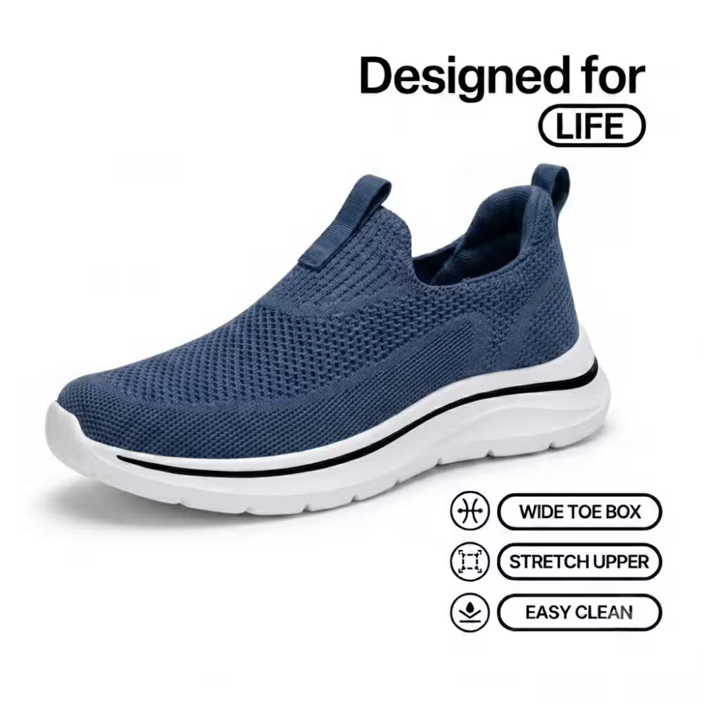 Cloud-Step knit slip-on sneaker, blue wide toe box with stretch upper
