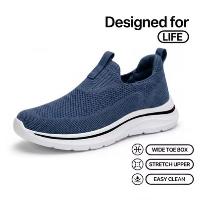 Cloud-Step knit slip-on sneaker, blue wide toe box with stretch upper