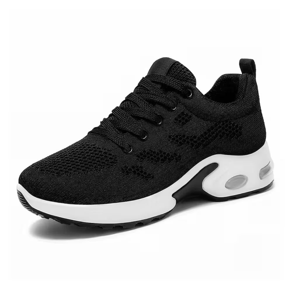 Black knit lace-up sneakers with cushioned sole and air-cushion pod detail