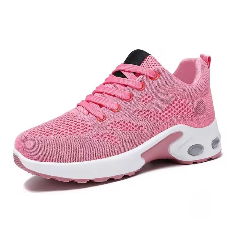 Pink knit lace-up sneakers with cushioned sole and air-cushion pod detail