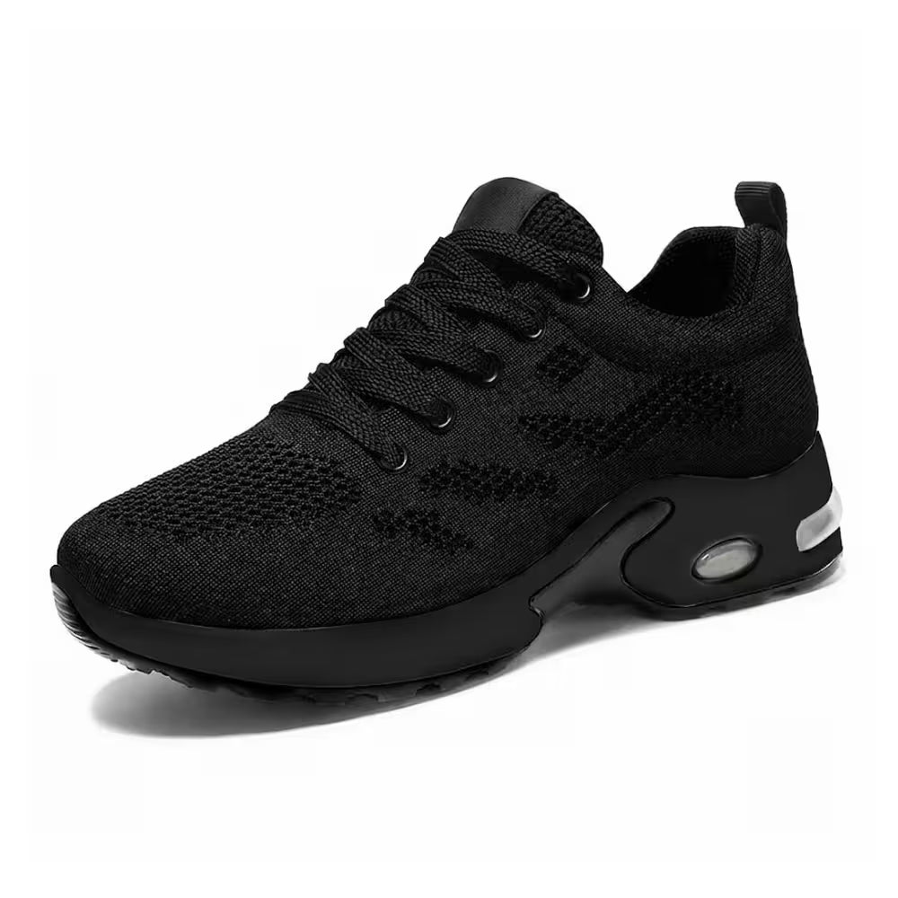 All-black knit lace-up sneakers with cushioned sole and air-cushion pod detail