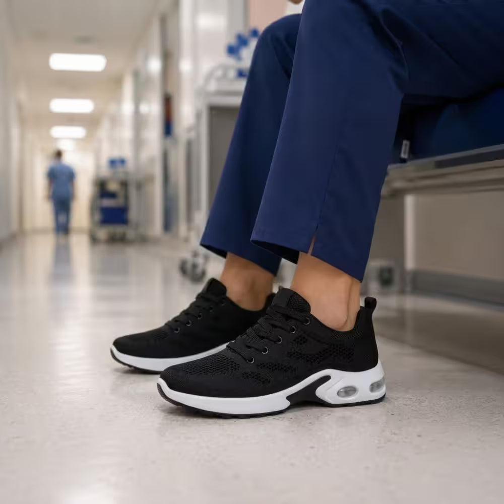 Black knit lace-up athletic sneakers on person in hallway with white outsole