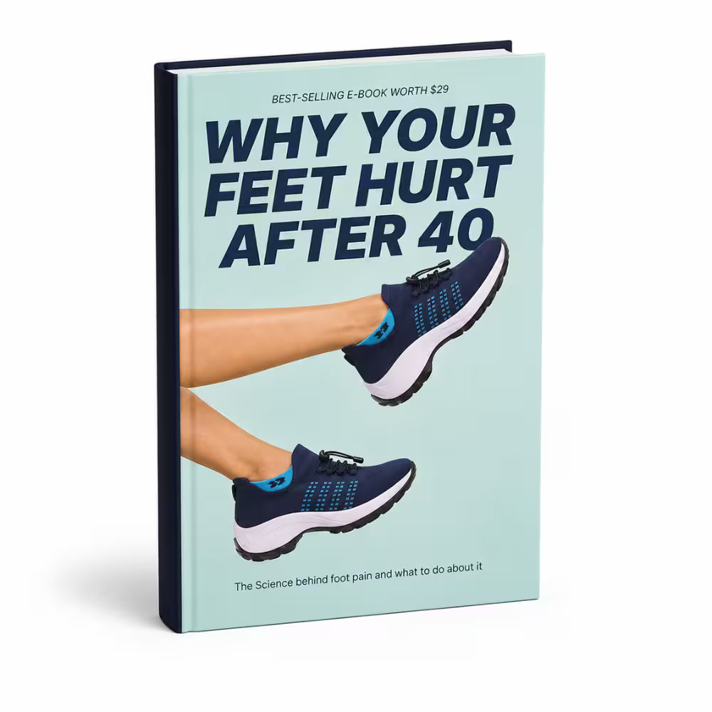 Health e-book cover: "Why Your Feet Hurt After 40" with shoe and feet graphic