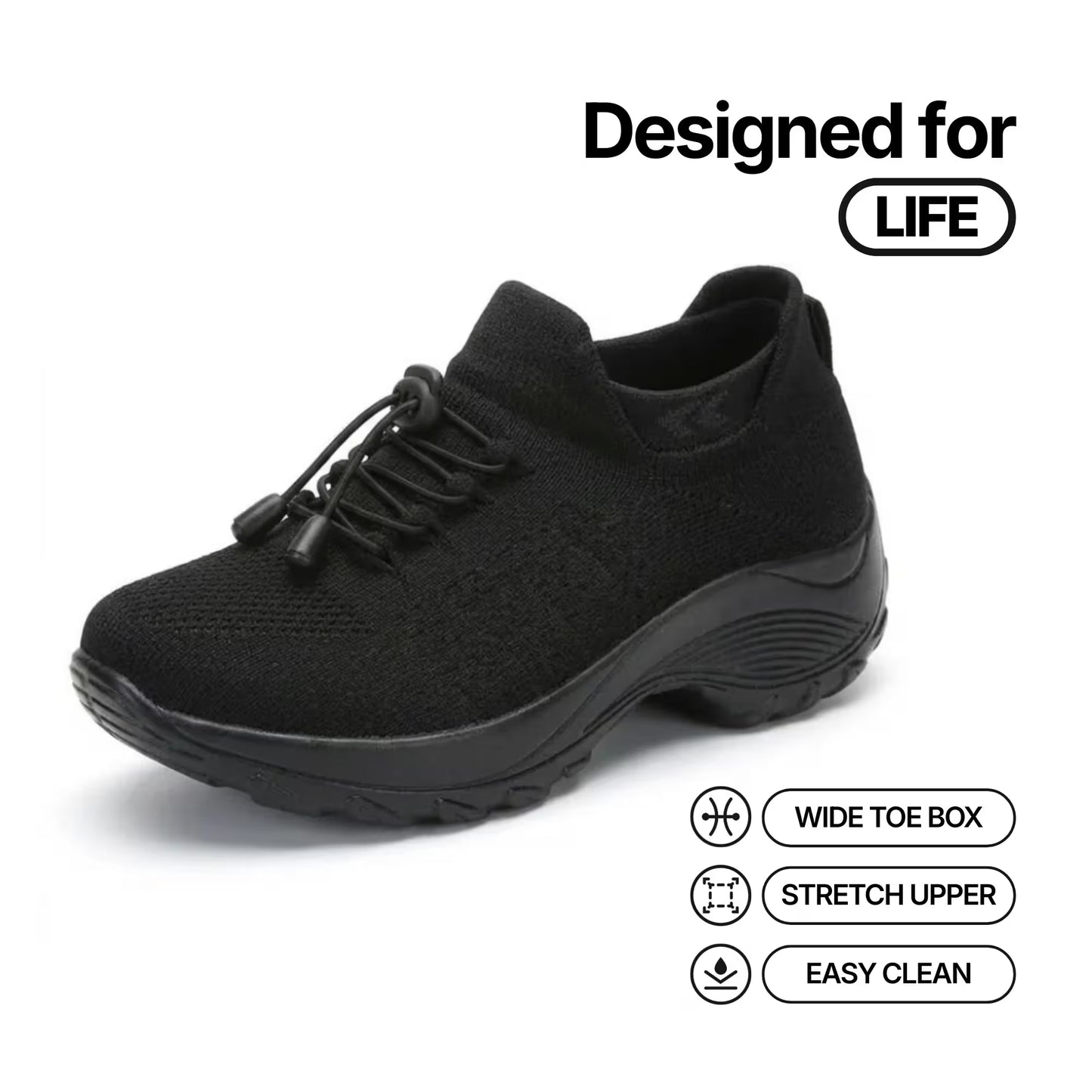 Cloud-Step orthopedic relief shoe: black knit upper, dark sole with cushioned ridges.