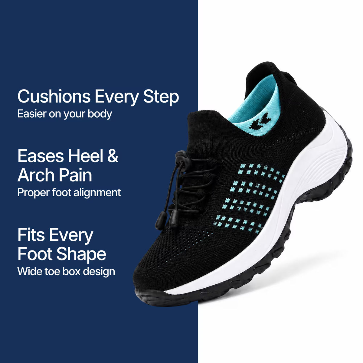 Black lace-up sneaker with aqua dotted grid detail and white cushioned midsole