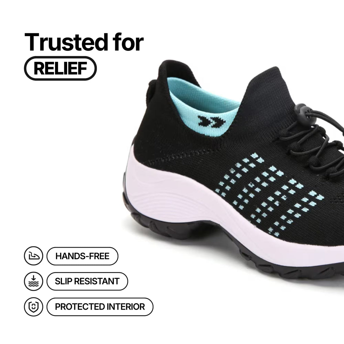 Black lace-up sneaker with aqua collar logo, dotted grid accents, and white midsole