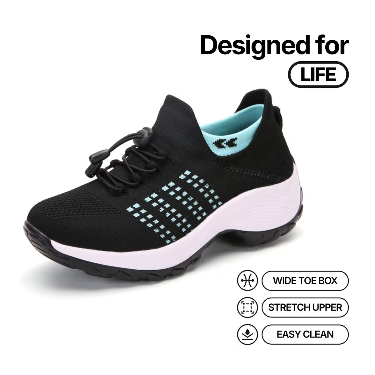 Black lace-up athletic sneaker with aqua dot grid accents and white cushioned sole