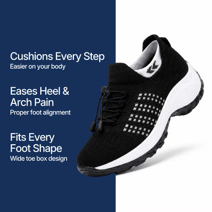 Black knit lace-up sneakers with white sole and small grid pattern on the side