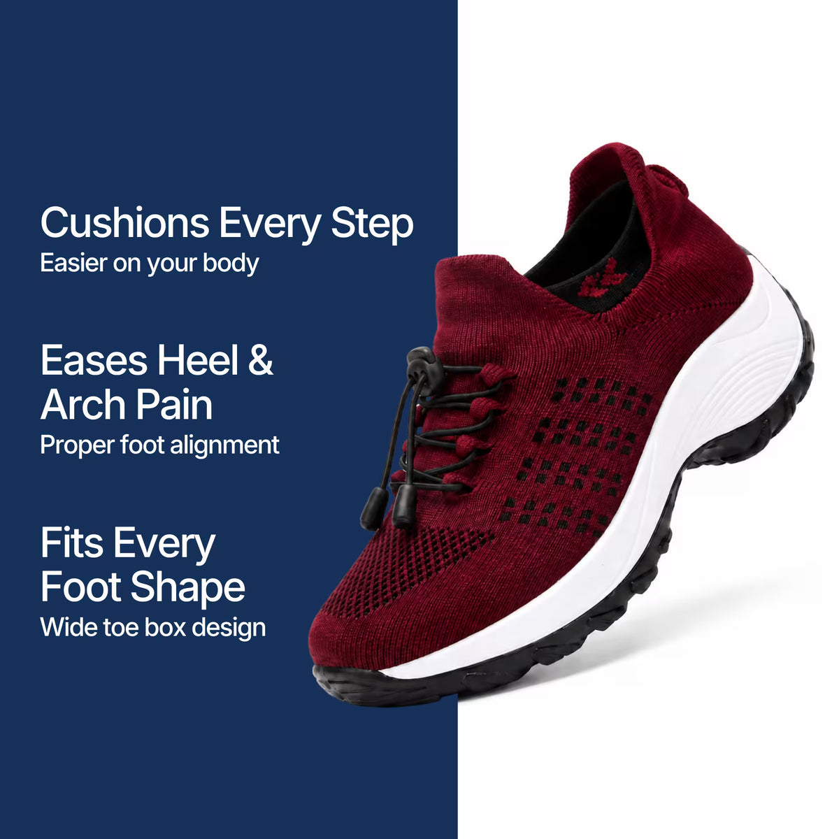 Burgundy/red knit lace-up sneakers with white sole and black grid ventilation pattern