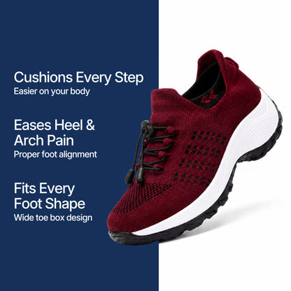 Burgundy/red knit lace-up sneakers with white sole and black grid ventilation pattern