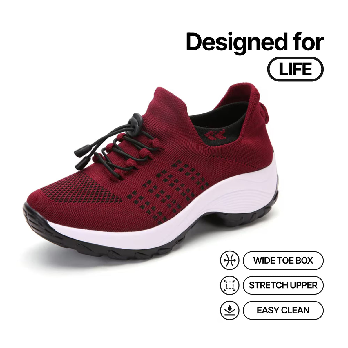 Deep red knit lace-up sneakers with white sole and black grid ventilation pattern