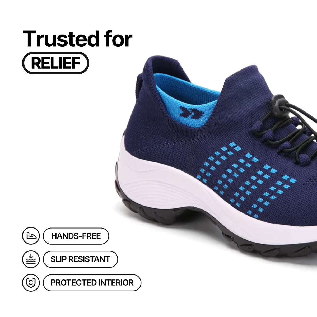 Navy blue knit lace-up sneakers with bright blue lining and aqua-blue grid detail