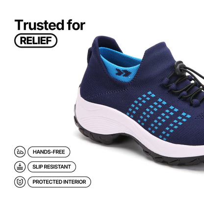 Navy blue knit lace-up sneakers with bright blue lining and aqua-blue grid detail