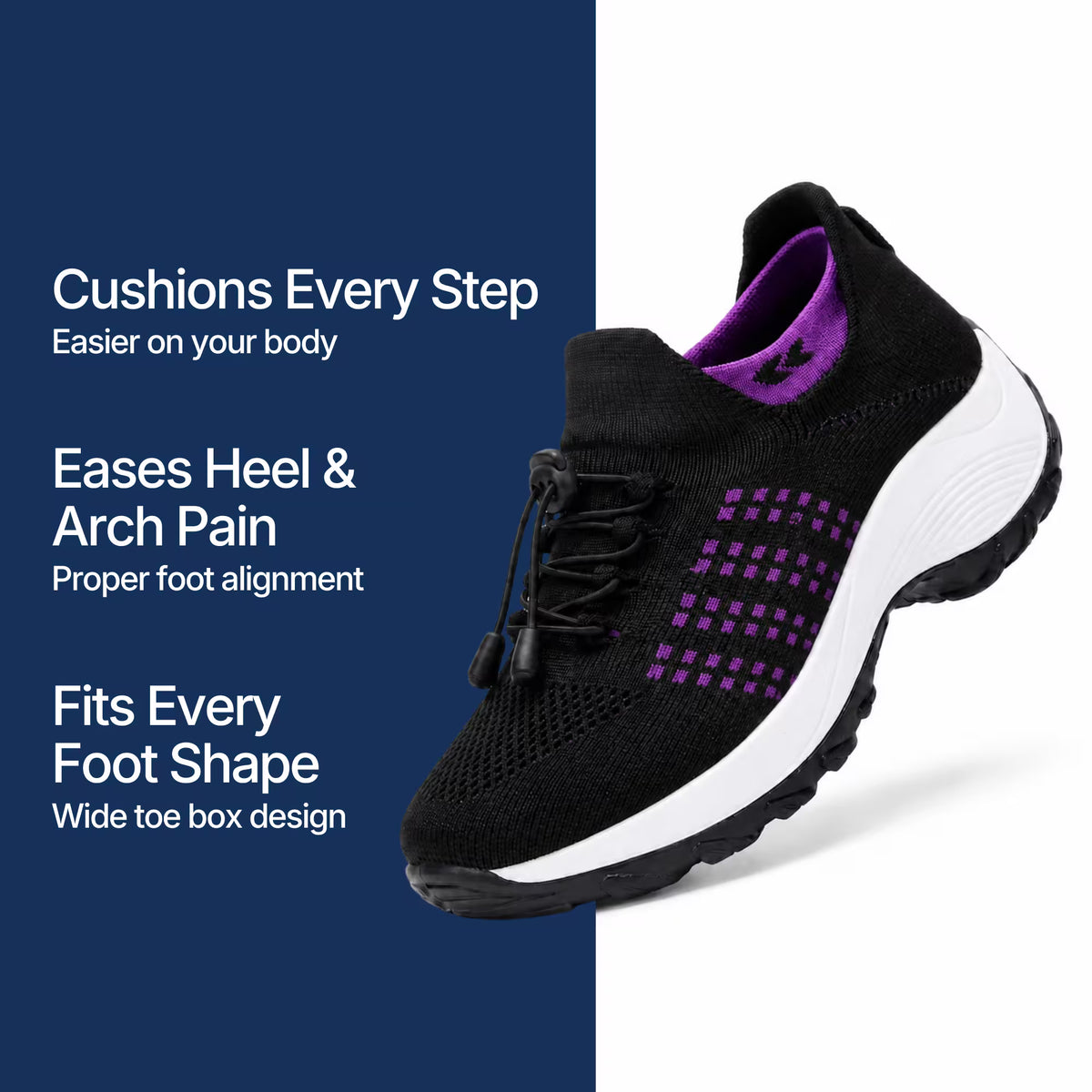 Cloud-Step orthopedic relief shoe in dark knit with purple grid, white cushioned sole.