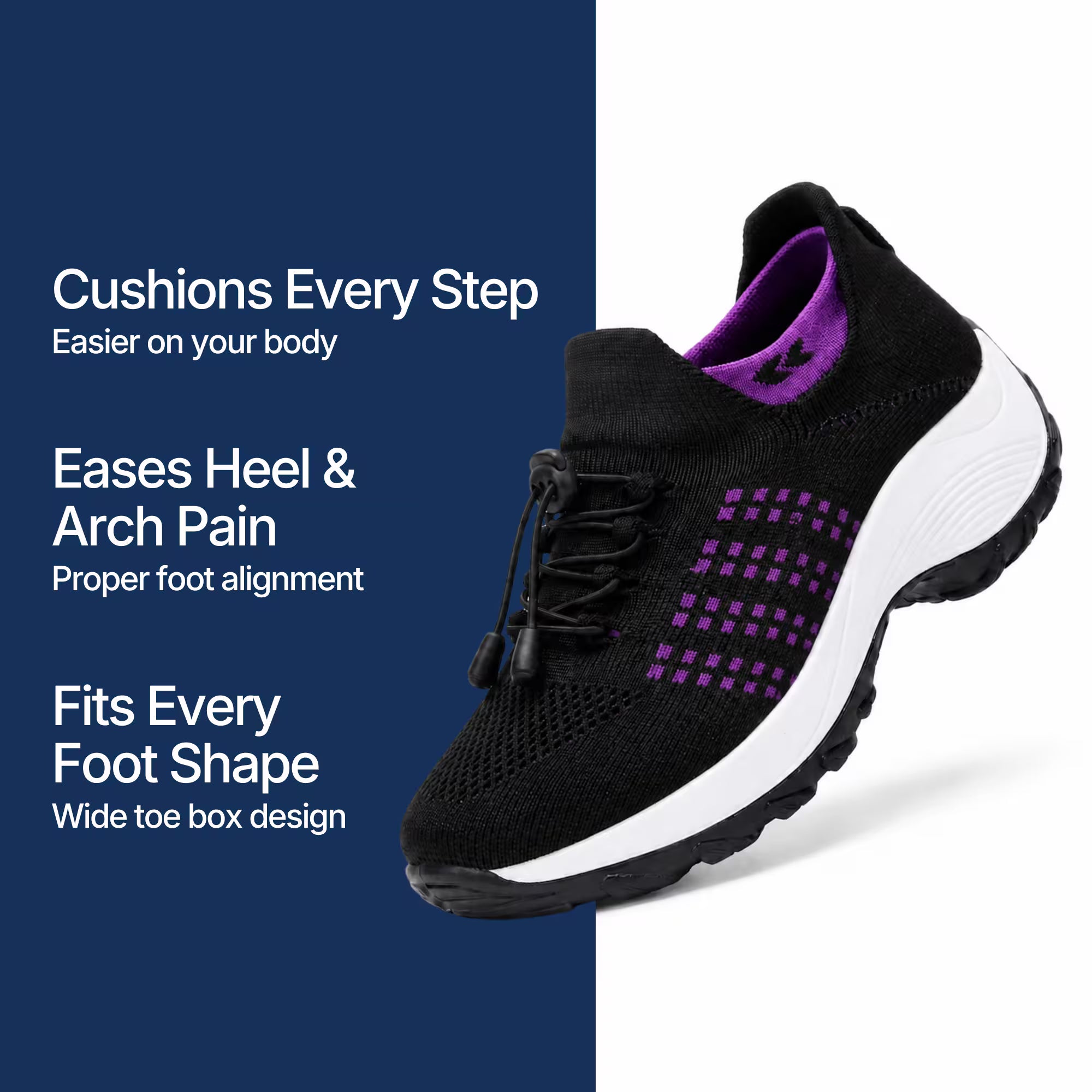 Cloud-Step orthopedic relief shoe in dark knit with purple grid, white cushioned sole.