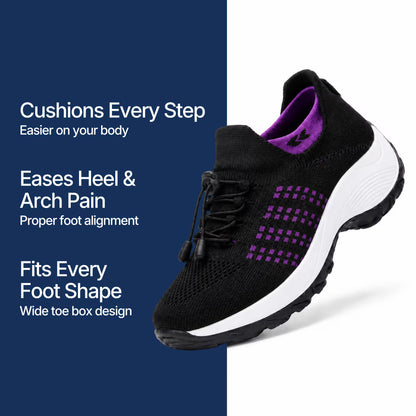 Cloud-Step orthopedic relief shoe in dark knit with purple grid, white cushioned sole.