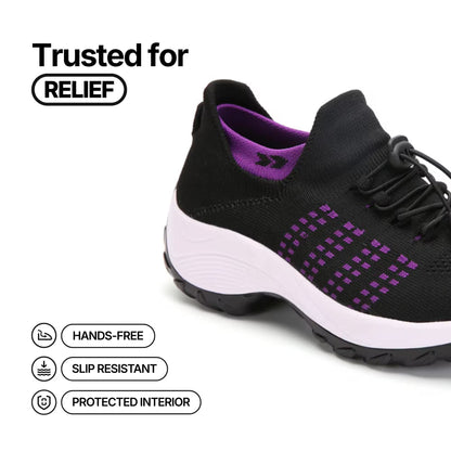 Cloud-Step orthopedic relief shoe: black upper with purple logo and grid, white sole.