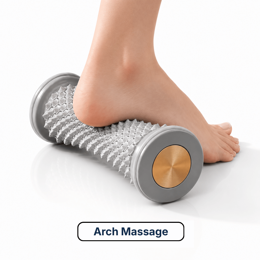 Gray arch massage foot roller with hex-textured surface and gold center end cap
