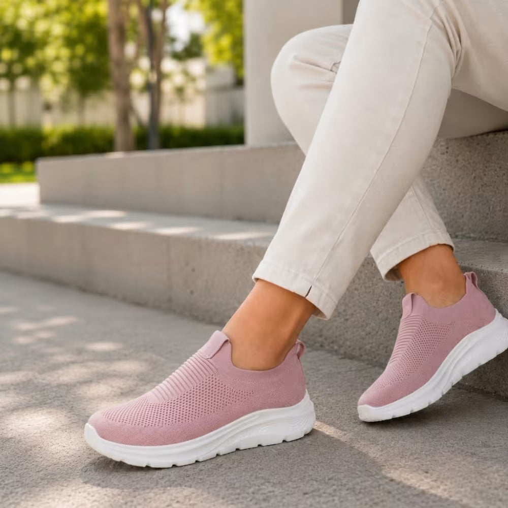 Pink knit slip-in sneakers with cushioned white sole