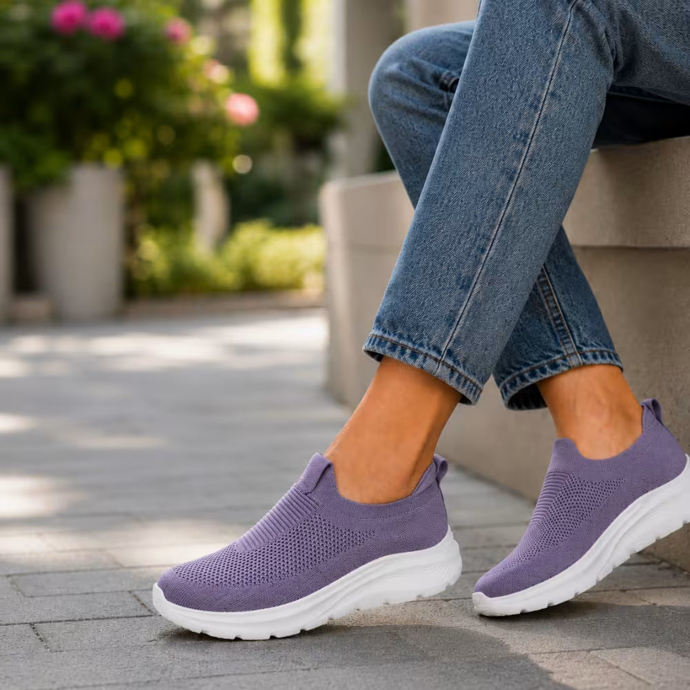 Purple knit slip-in sneakers with cushioned white sole